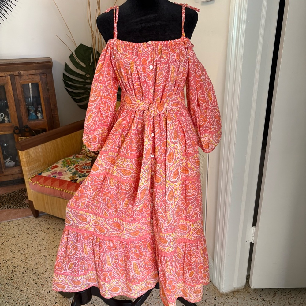 CLEOBELLA Designer Cotton Peach Print Long Boho Cotton Dress! New! Loose. Belt M